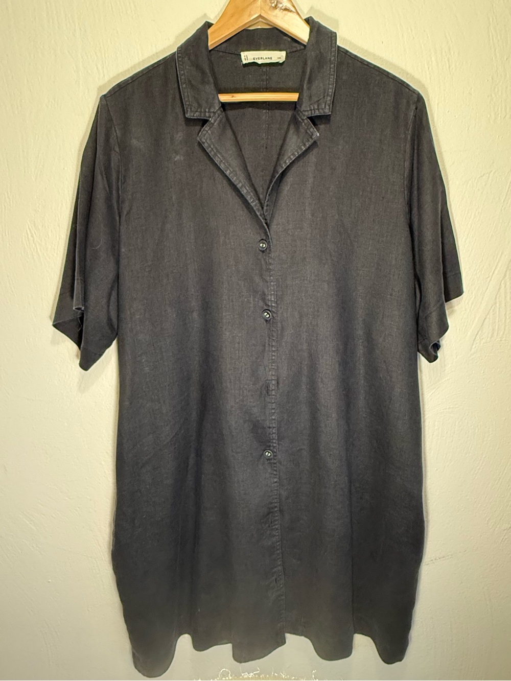 Everlane 100% Linen Shirt Dress - Black Short-Sleeve Button-Up XXL